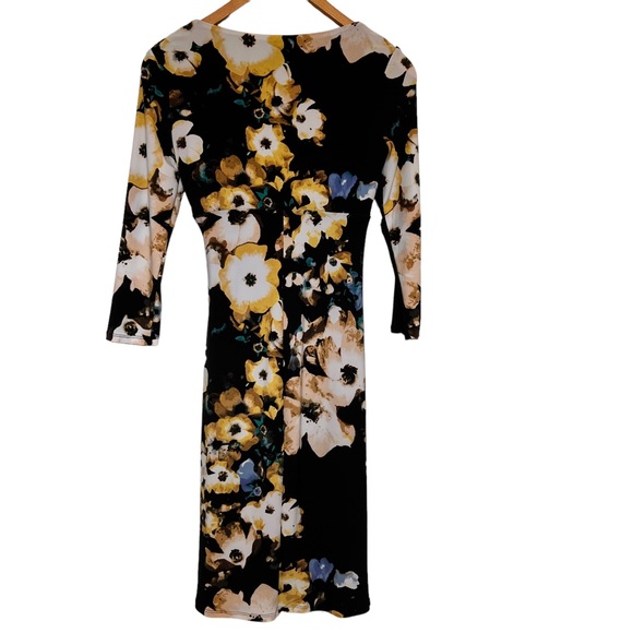 Ralph Lauren Black Yellow multi Floral Ruched Faux Wrap Dress V Neck Size 2 - Picture 7 of 17
